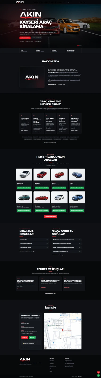 Akın Rent A Car web sitesinin tam sayfa görüntüsü